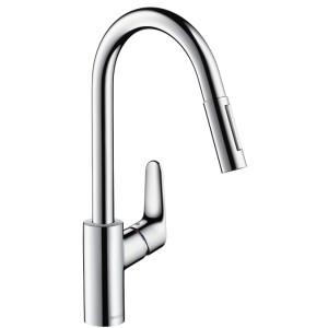 poza Baterie bucatarie Hansgrohe gama Focus 240, cu dus extractibil, crom